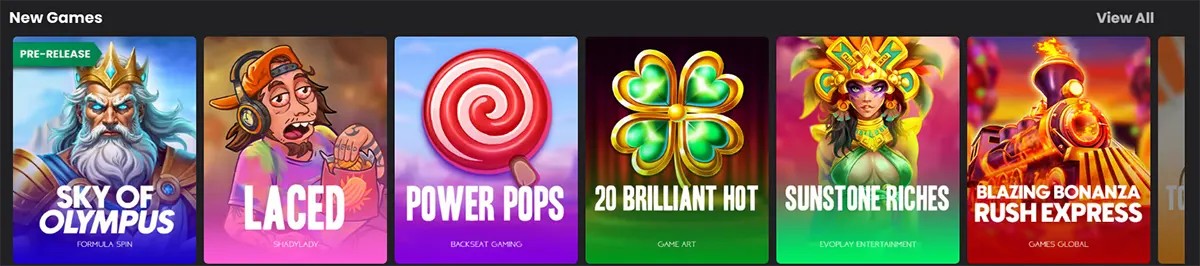 New casino games section displaying recently released slot and arcade-style titles