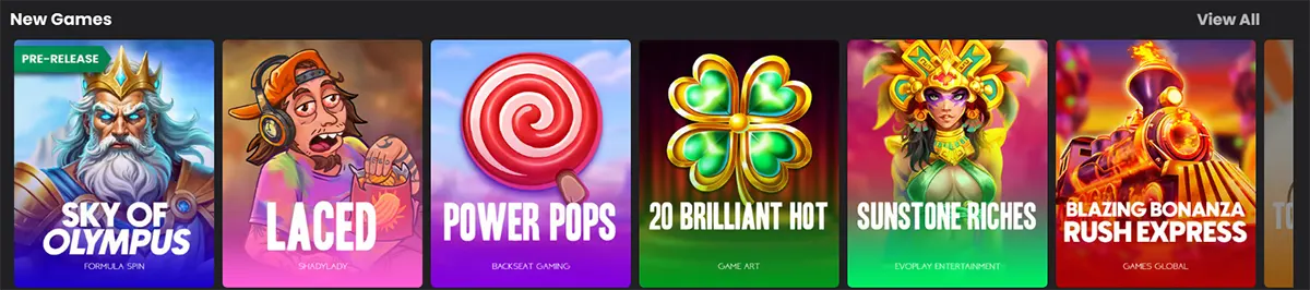 New casino games section displaying recently released slot and arcade-style titles