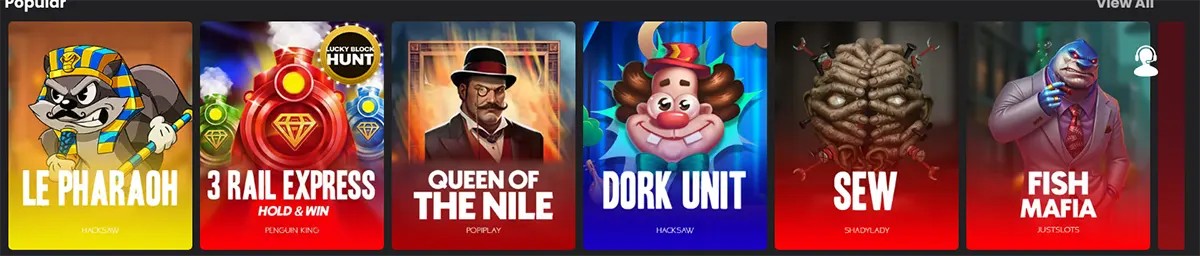 Popular casino games section displaying a selection of featured game tiles
