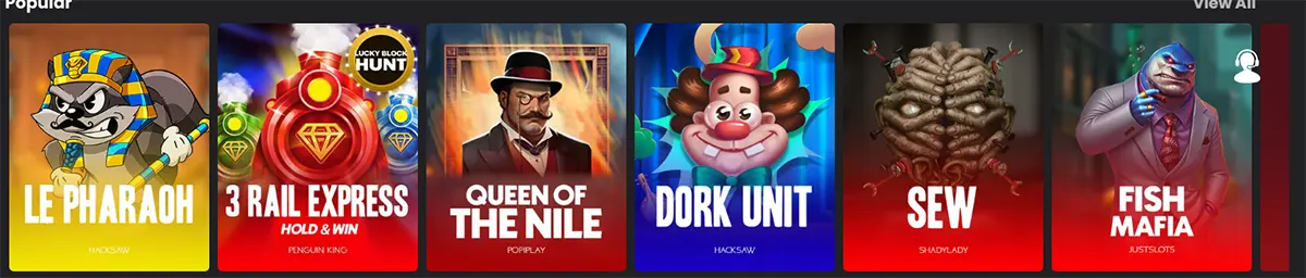 Popular casino games section displaying a selection of featured game tiles